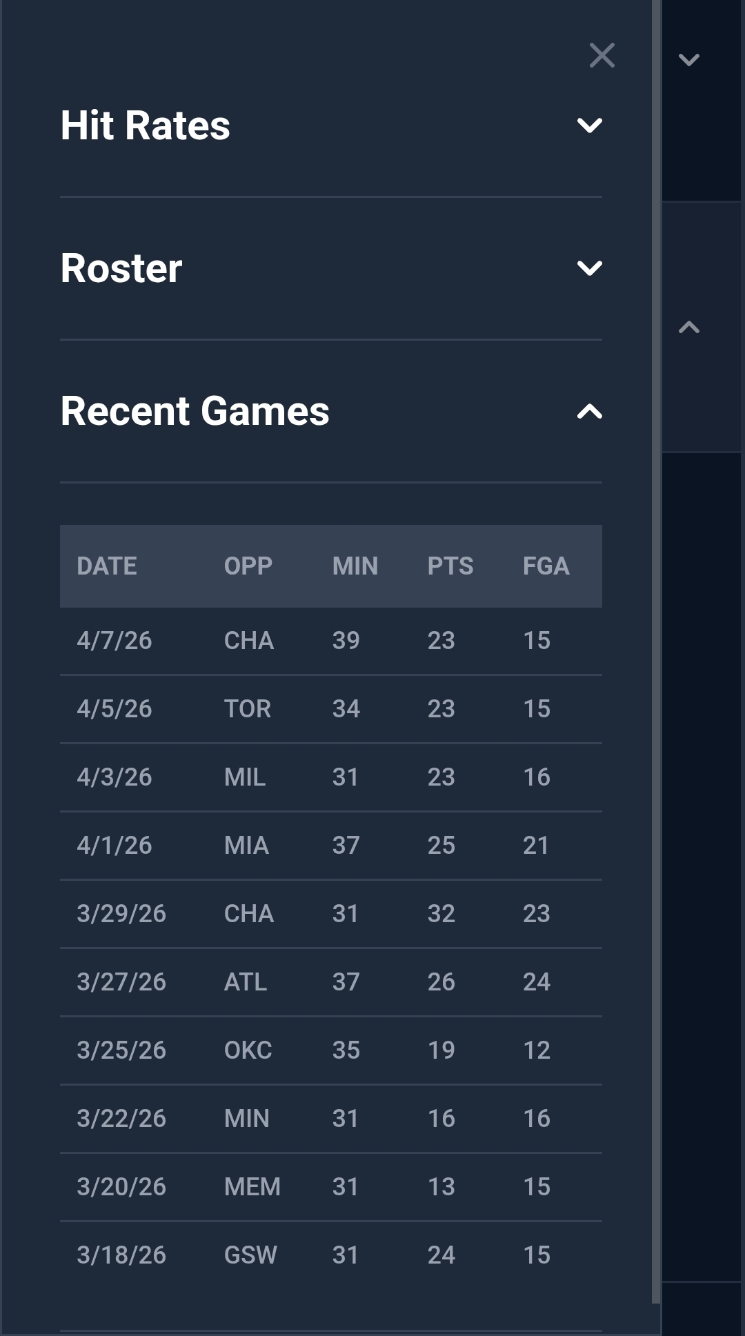 Recent games and stat splits view