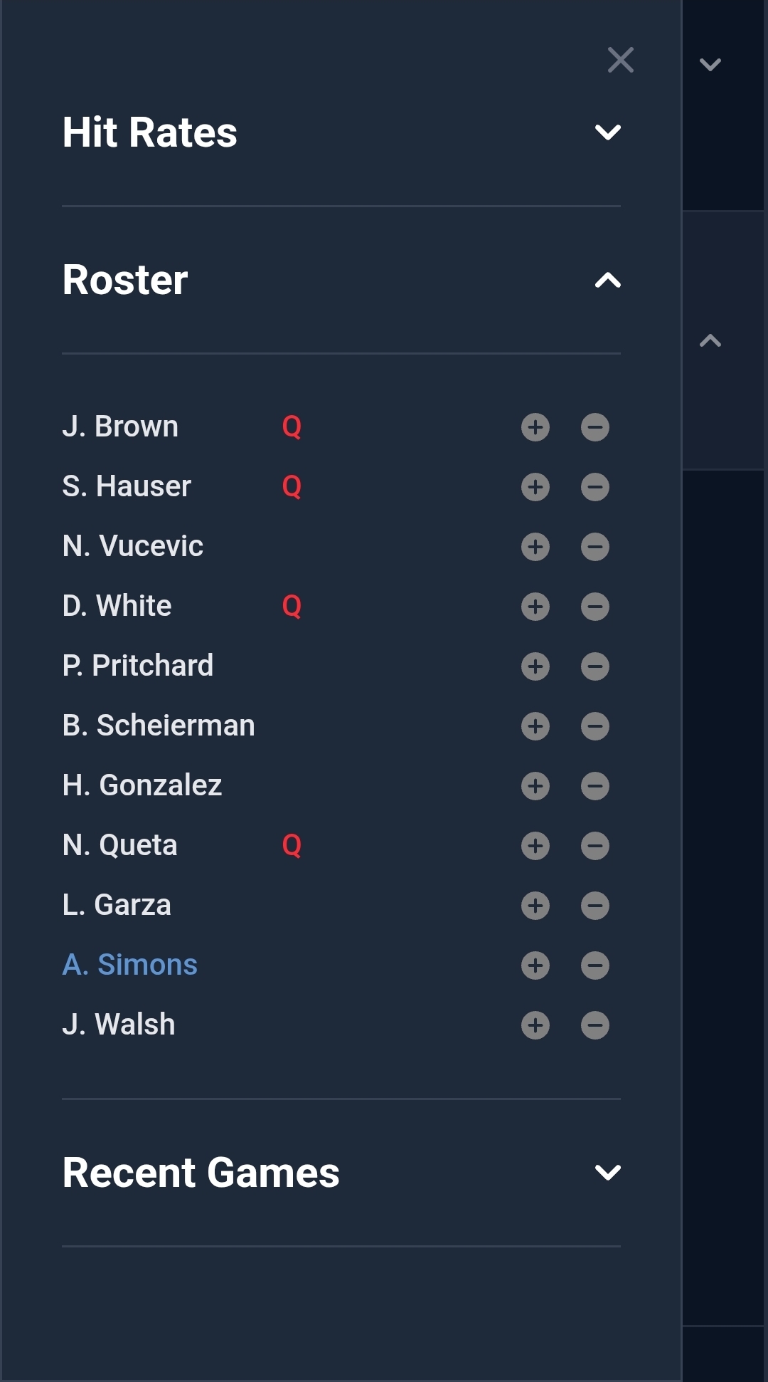 Roster and teammate filters view